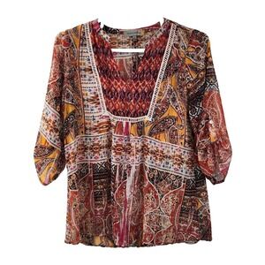 FIGUEROA & FLOWER V-NECK BOHO TUNIC Festival ROLL TAB 3/4 SLEEVE MULTI-COLOR LG